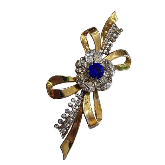 Antique Heavy Gold Plated 30's Rhinestone Bow Flower Brooch (A1802)